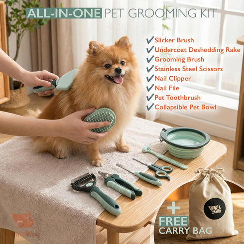 8-in-1 Set HamInWay Pet Grooming Kit for Dogs & Cats Includes Brushes, Combs, Nail Clippers & File Professional