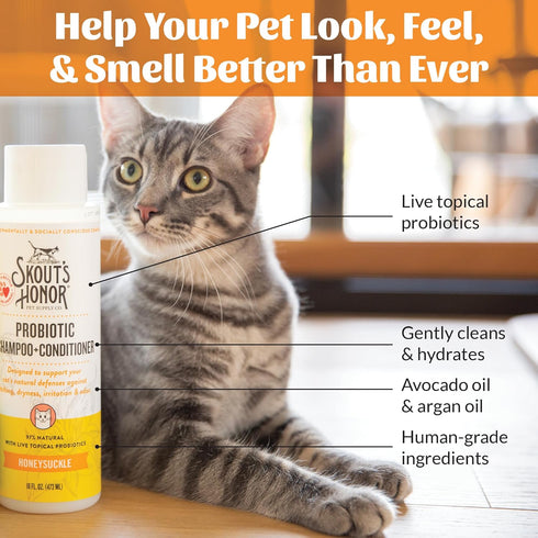 Omega-3s, 97% 16oz, 2-Pack Skout's Honor Probiotic Cat Shampoo & Conditioner with Avocado Oil & Natural, Paraben