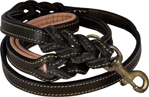 6' Genuine Leather Dog Leash, Heavy Duty, Handmade, Braided, Dual Handle Design with D Ring, Padded & Traffic Handle