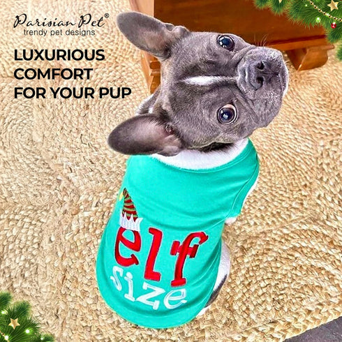 Parisian Pet Embroidered Elf Size Dog Shirt - Lightweight Cotton Christmas Outfit, Sleeveless, Machine Washable