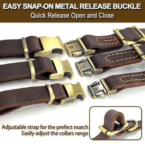 Leather Dog Collar with Metal Quick Release Buckle, Soft Genuine Cowhide, Adjustable for Small Medium Large Dogs (L,