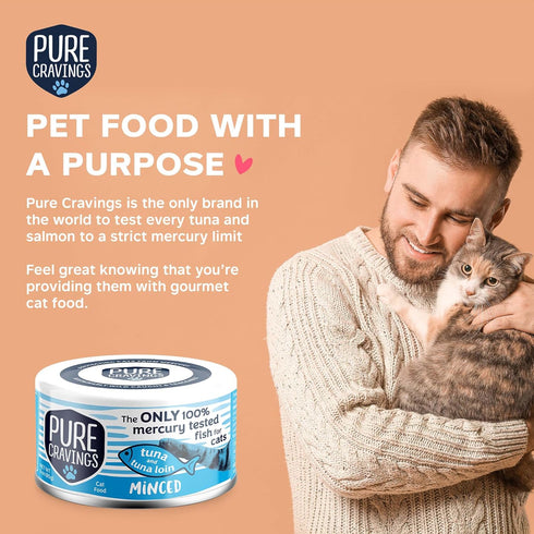 100% 3oz, Pack 12 Pure Cravings Minced Tuna and Tuna Loin Wet Canned Cat Food, Mercury-Tested, Moist Can Fish for Cats
