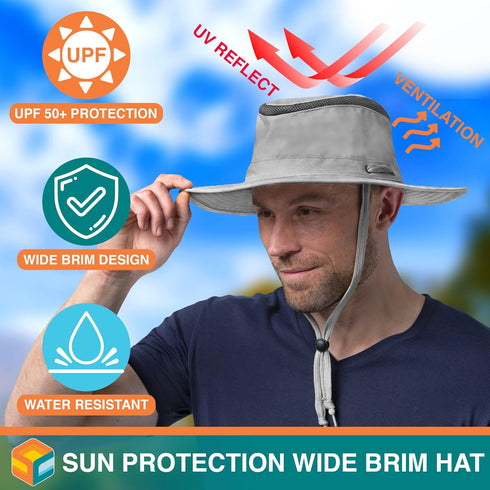SUN CUBE Wide Brim UV Sun Hat for Men Women, Safari Hiking Boonie Hat, Sun Protection