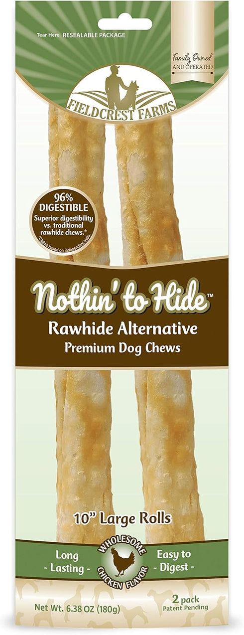 Fieldcrest Farms Nothing to Hide Natural Rawhide Alternative Large 10'' Rolls for Dogs - 3 Pack (6 Chews) Premium Grade