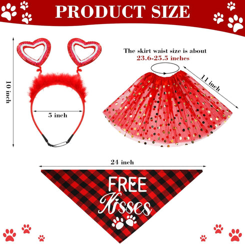 6 Pcs Valentines Day Dog Costume Set Including 2 Pcs Red Heart Headband 2 Pcs Buffalo Plaid Pet Bandana 2 Pcs Red Tutu Skirt, Cupid Headband Dog Tutu for Large Dogs Medium Holiday Outfit Accessory