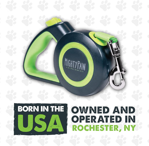 Mighty Paw Retractable Dog Leash 2.0, 16' Heavy Duty Reflective Nylon Tape Lead for Pets up to 110lbs (Green/Lite)