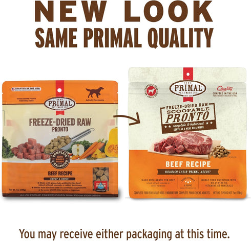 (7 oz) Primal Freeze Dried Dog Food, Pronto Mini Nuggets, Beef; Scoop & Serve, Complete & Balanced Meal; Also Use as