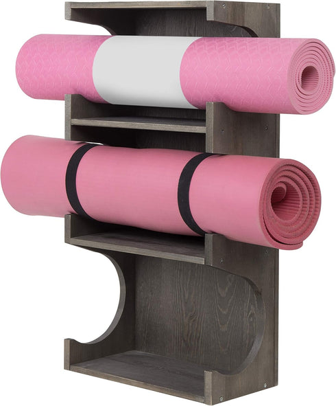 MyGift Wall Mounted Vintage Gray Wood 3-Tier Foam Roller, Yoga Mat Hanging Rack with Display Shelf