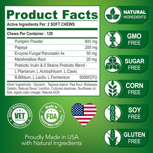 Probiotics for Dogs, Digestive Enzymes for Gut Health, Itchy Skin, Allergies, 120 Probiotic Chews Supplement