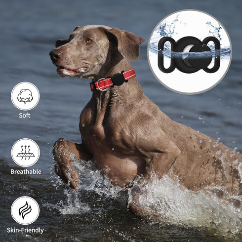 Dog Collar for Medium Large Breeds with 360° Waterproof Airtag Holder, Soft Reflective Nylon, Red