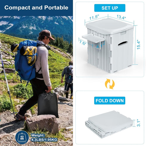 XL Portable Toilet for Adults, 15.4" H Foldable Camping Toilet with Detachable Phone Shelf and Lid for Hiking
