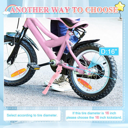 Pink Bike Kickstand - Children's Adjustable Folding Bicycle Center Bracket for 16" 18" 20" Bikes