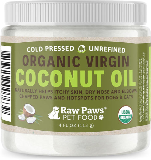 Raw Paws Virgin Organic Coconut Oil for Dogs & Cats - 4-oz Treatment for Itchy Skin, Hot Spot Lotion