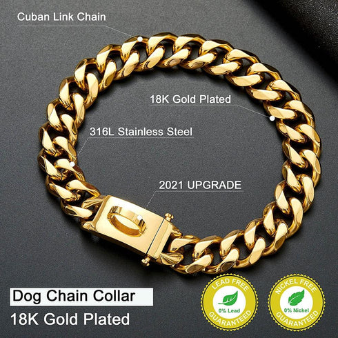 Gold Dog Chain Collar, Heavy Duty 18K Cuban Link with Secure Buckle for Large Dogs (19MM, 26")