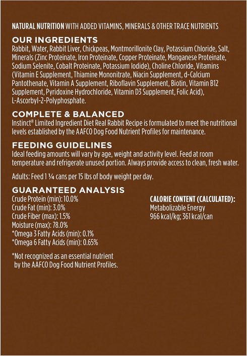 Instinct Limited Ingredient Diet Real Rabbit Recipe, Grain Free Wet Canned Dog Food, 13.2 oz, Pack of 6