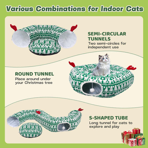 Petrendy Cat Tunnel Bed, Cute Cat Tunnels for Indoor Cats with Washable Mat, Hanging Ball, Collapsible Play Tunnel, Pet