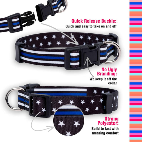 Thin Blue Line Dog Collar by Native Pup, Stars Design for Medium Dogs