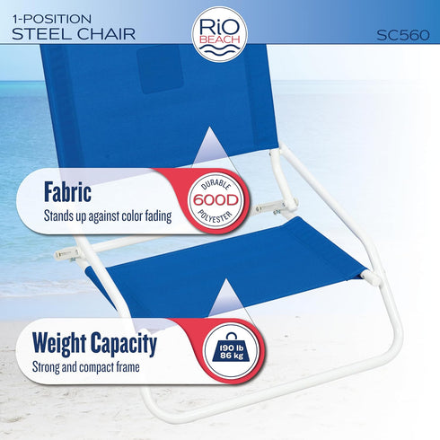 1-Position 190 lbs. Rio Brands Low-Profile Folding Beach Chairs, Lightweight Steel Outdoor Portable Camping Chairs