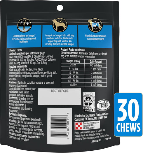 Omega-3 Immune (Pack 1) 30 Purina Pro Plan Veterinary Skin Care Soft Chew Dog Supplements with Fish Oil, EPA, DHA