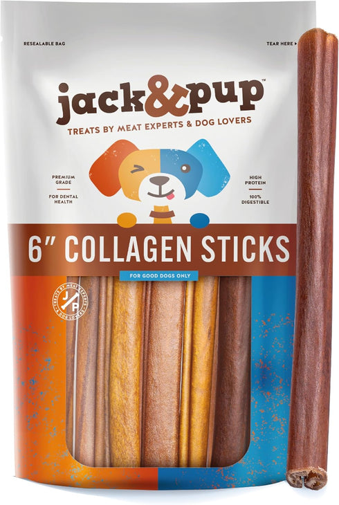 Jack&Pup 6" Beef Collagen Sticks for Dogs, Rawhide Free, Long Lasting, Healthy Dog Treats for Medium Dogs, 10 Pack