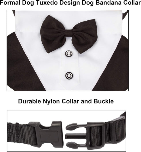 ADOGGYGO Formal Dog Tuxedo Bandana Collar - Adjustable Bow Tie Collar for Small, Medium, Large Dogs, Black & White