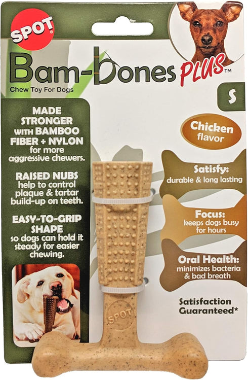 SPOT Bam-bones PLUS T Bone, Durable Bamboo Fiber & Nylon Chew Toy for Aggressive Chewers, 4in Chicken Flavor