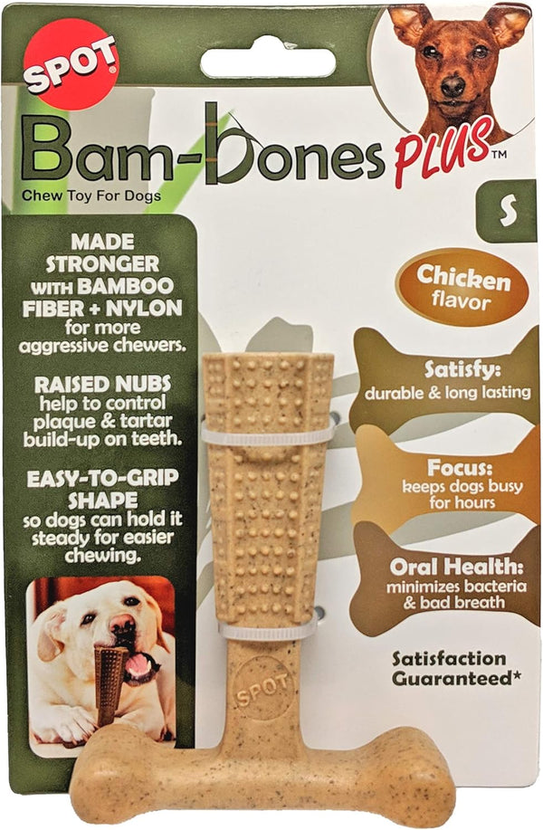 SPOT Bam-bones PLUS T Bone, Durable Bamboo Fiber & Nylon Chew Toy for Aggressive Chewers, 4in Chicken Flavor