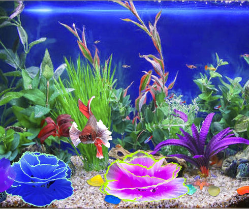 Glow Aquarium Decor by Glowing Fish Tank Decorations, 2pcs Silicone Flower Plants & 10pcs Colourful Sea Shells