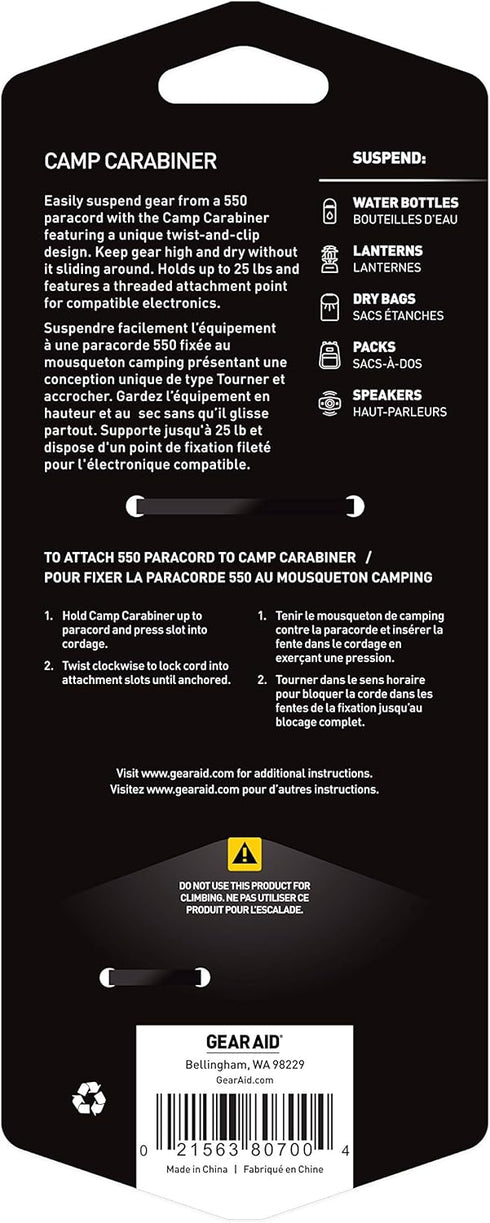 GEAR AID Camp Carabiner for Hanging Camping Towels, Packs, Lights, Speaker with 1/4-20 Attachment Point