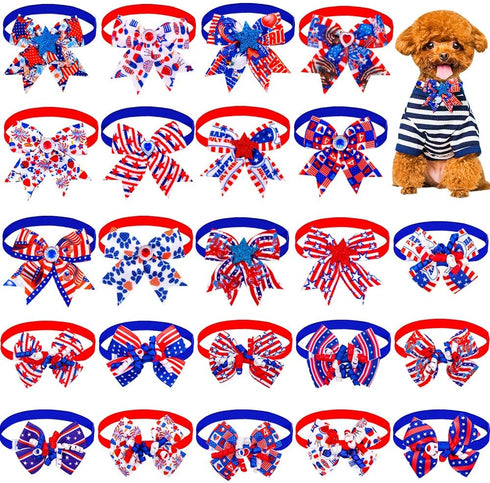 24PCS 4th of July Dog Bow Tie Collar - Adjustable Star Stripe Patriotic Pet Bow Tie for Independence Day