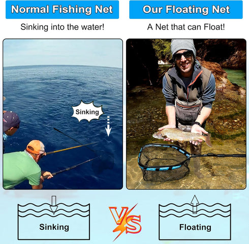 PLUSINNO Floating Fishing Net - Rubber Coated Landing Net for Easy Catch & Release - Compact & Foldable