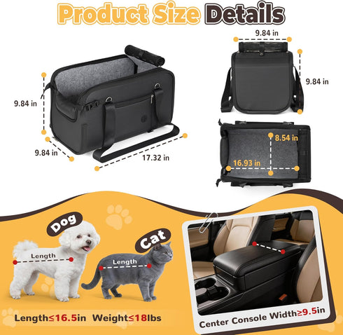 (Width9.5in) 10-18lbs, YUDODO Large Dog Car Seat for Center Console Fits Anti-Slip Puppy Cat Travel Portable Booster