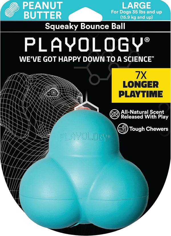 Playology Squeaky Bounce Ball for Large Dog Breeds - Peanut Butter Scented Rubber Chew Toy for Heavy Chewers