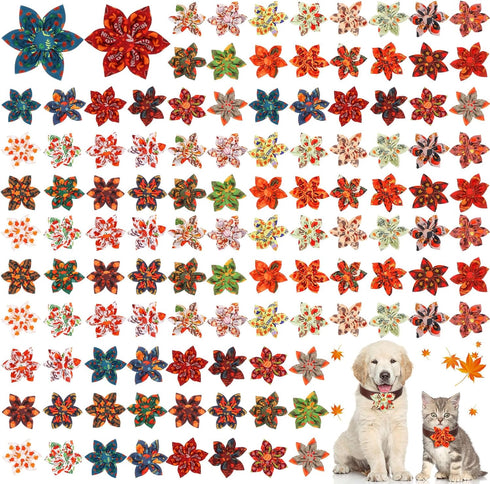 Silkfly 120 Pcs Fall Dog Collar Flower Set, Thanksgiving Bow Ties, Holiday Accessories for Small Medium Large Dogs