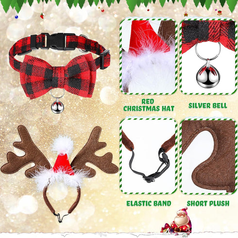 6 PCs Dog Christmas Costume Elk Reindeer Antler Headband Buffalo Plaid Bandana Bow Tie Triangle Pet Scarf Outfit Bib