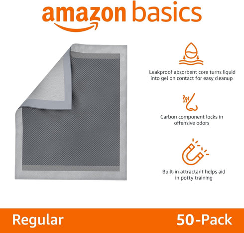 5-Layer 28"x34", 50 Count Amazon Basics Carbon Odor Control Dog and Puppy Pee Pads, Leak-Proof Super Absorbent