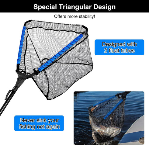 PLUSINNO Fishing Net, Durable Nylon Material Mesh, Foldable Collapsible Telescopic Pole Handle for Safe Fish Catching