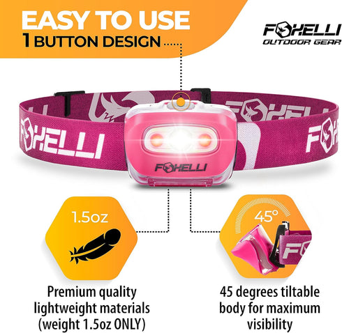 Foxelli LED Headlamp Flashlight for Adults & Kids, Lightweight Waterproof Head Lamp for Running, Camping, Hiking