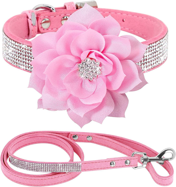 Elegant Fancy Soft Suede Leather Bling Rhinestone Pet Collar and Leash Combo Set, XX-Small, Pink