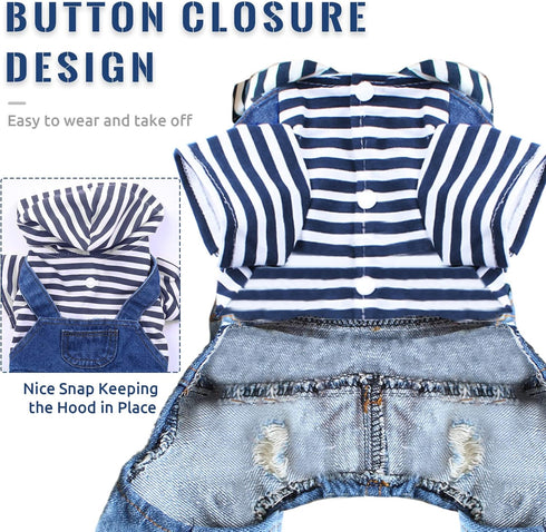 Small Dog Hoodie Clothes, Cute Stripe Shirts Denim Jumpsuit for Small Medium Dogs, Blue Jeans Overalls