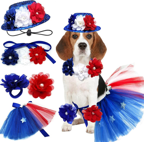 4PCS Pet Independence Day Costume, 4th of July Dog Tulle Dress Collar Flowers, Cute Tutu Skirt USA Patriotic Outfit