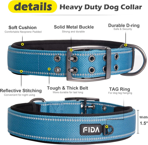 Fida Heavy Duty Dog Collar - Ultra Soft Neoprene Padded, Adjustable Reflective Nylon for Extra-Large Breeds (XL, Blue)