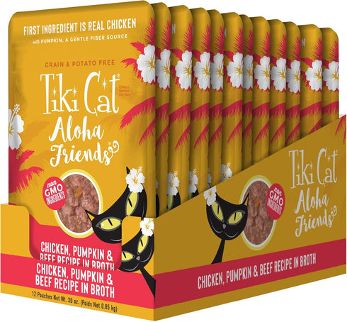 Tiki Cat Aloha Friends, Chicken, Pumpkin & Beef, Grain-Free Wet Cat Food for All Life Stages, 2.5 oz. Pouch (Pack of 12)