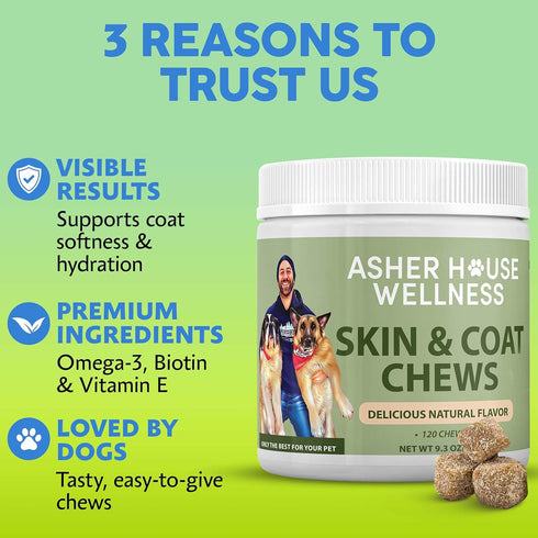 3, 6, 9, 120 Asher House Wellness Skin & Coat Chews - Dog Itching Skin Relief with Omega Fish Oil, Biotin - Dogs Itchy