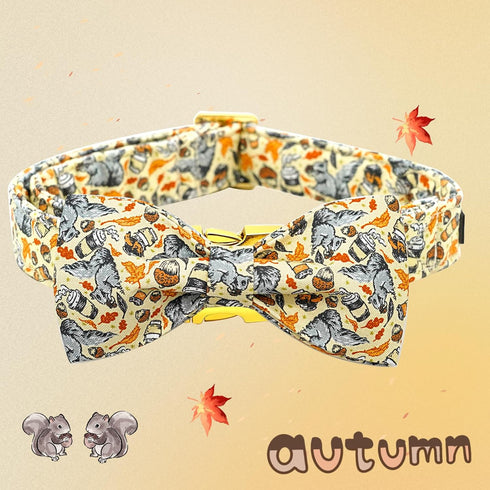 Elegant Little Tail Fall Dog Collar, Adjustable Squirrels Halloween Pet Bow Collar for X-Small Dogs