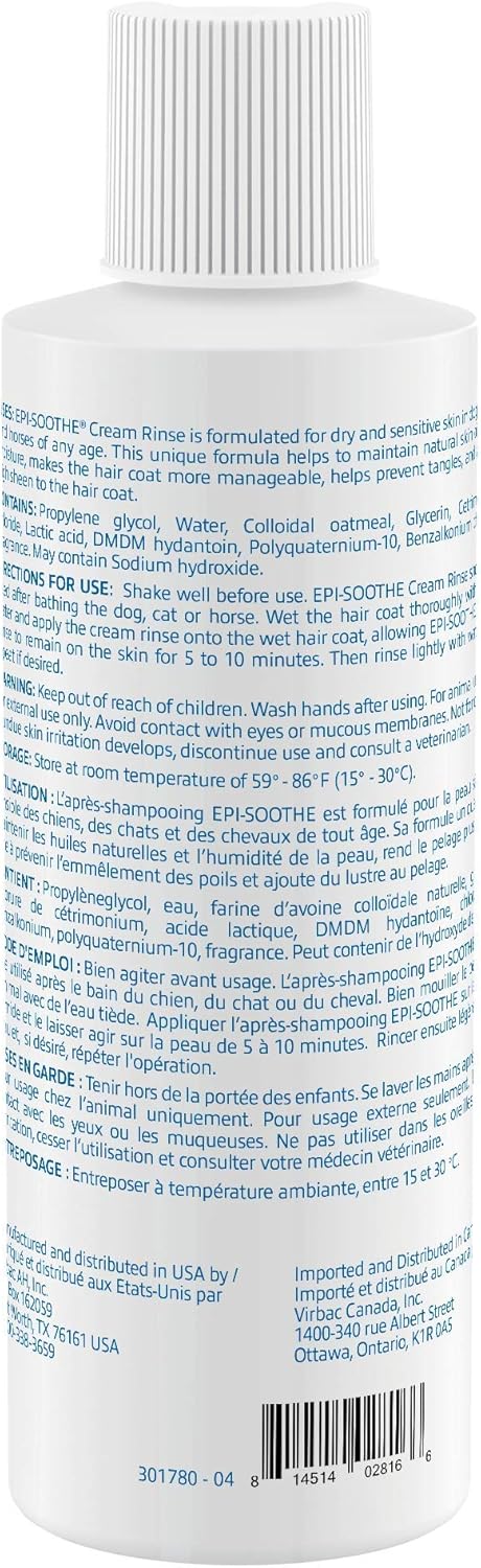 Virbac Epi-Soothe Cream Rinse Pet Conditioner for Dogs, Cats & Horses, 16 oz - For Dry or Sensitive Skin