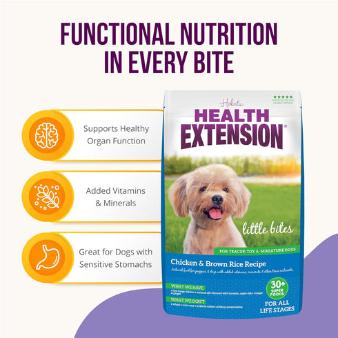 Health Extension Little Bites Dry Dog Food, Natural with Added Vitamins & Minerals, Chicken & Brown Rice Recipe, 10