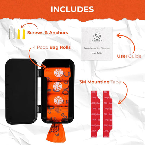 4 Pexter Dog Poop Bag Dispenser - Outdoor or Indoor Pet Waste Bag Dispenser Station - Stick-On or Screw-On Wall Mount