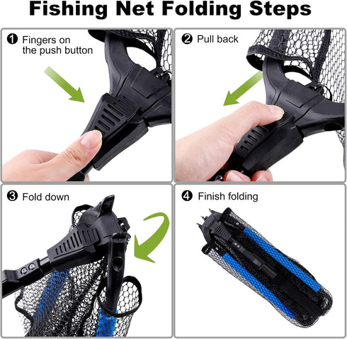 PLUSINNO Fishing Net, Durable Nylon Material Mesh, Foldable Collapsible Telescopic Pole Handle for Safe Fish Catching