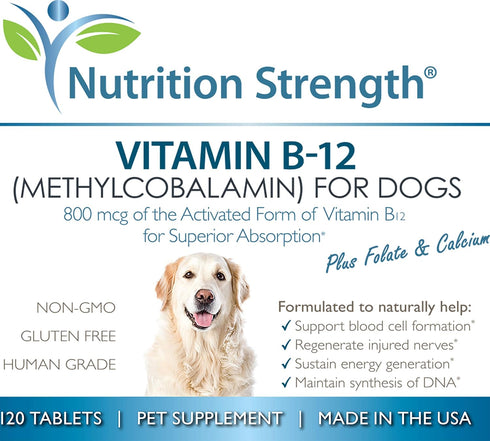 Vitamin B12 for Dogs: Plus Folate & Calcium, Supports Nervous System, Blood Cell Formation, 120 Chewable Tablets